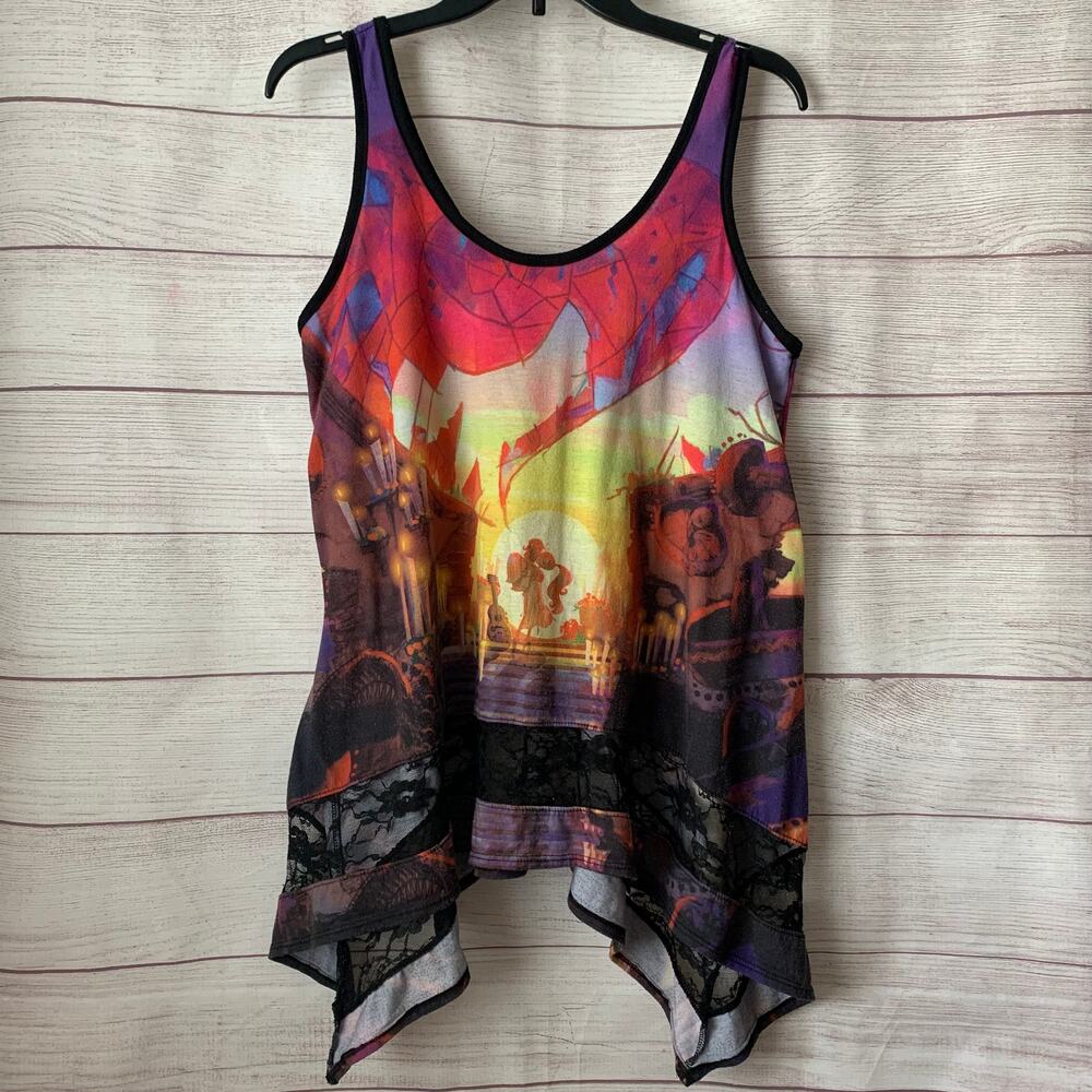 Book of Life Print Tank Top Movie Scene Graphic Lace Asymmetrical Bottom Size XL